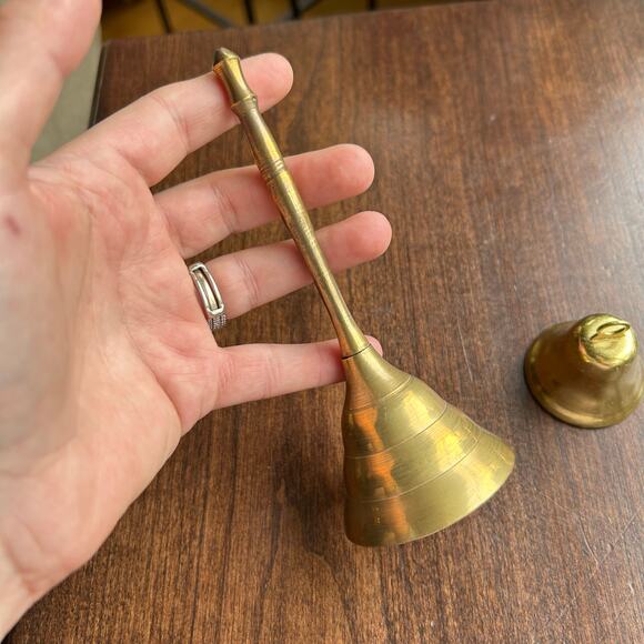 2 Vintage Brass Dinner Bells one w/ long Handle - Picture 3 of 7